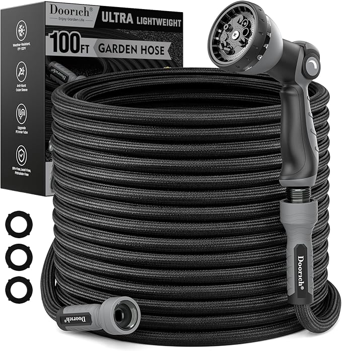 Garden Hose, Flexible Ultra Lightweight Durable, Kink-Free Water Hose with 10 Function Sprayer - Non-Shrinking, Easy to Store, All-Weather, High-Pressure, Black (100 FT)