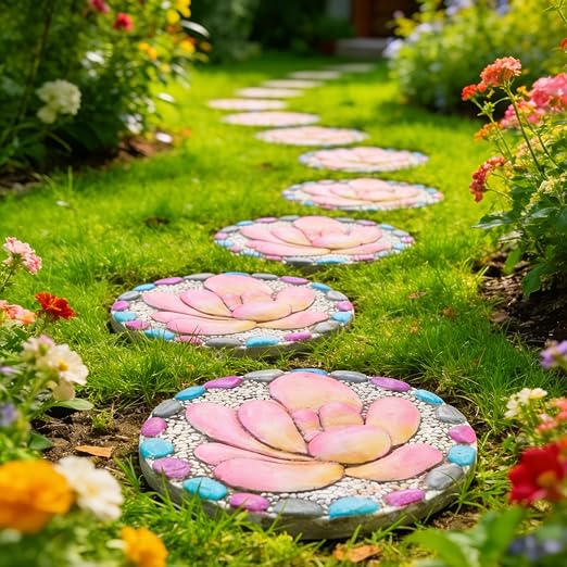 Succulent Pattern Cement Stepping Stones - Garden Stepping Stones Outdoor Pavers for Outside Walkway Gifts for Grandma Garden Stones Decorative Sculpture Yard Art 0.75 * 10 * 10 Inch