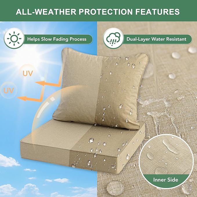 Summsun Outdoor Chair Cushions 19 x 19 Inch, Faux Linen Patio Furniture Cushions, Water Resistant Backrest and Seat Cushion Set with Ties, Removable Cover, Non-Slip Bottom, Nature