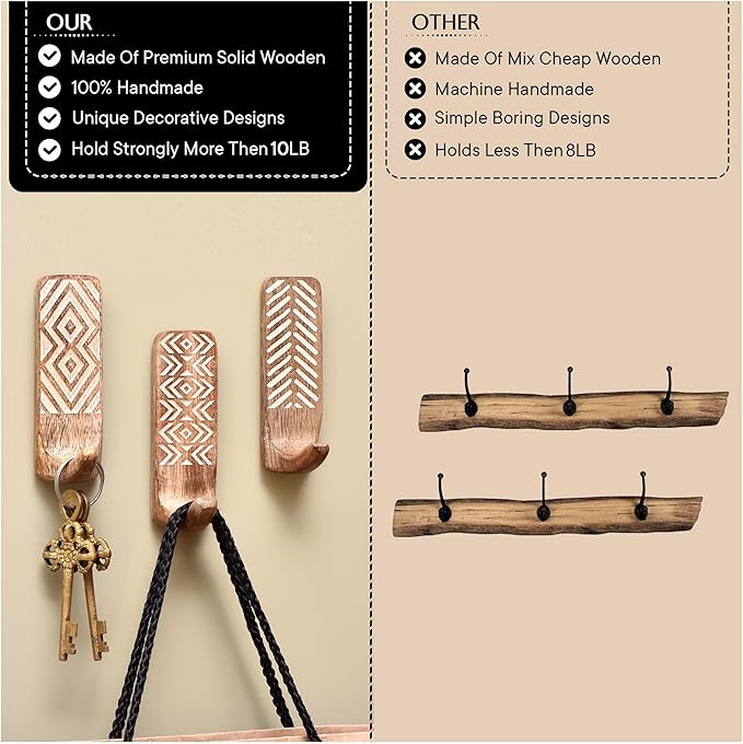 IndianShelf 10 LB- 12 Pieces Decorative Wood Adhesive Wall Hooks–Boho Peel and