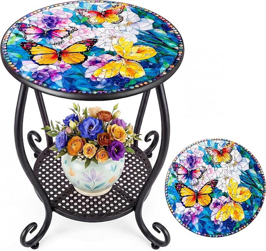 Outdoor Side Table, Small Patio Table Round Metal Outside Coffee End Table for Balcony Bistro Porch Yard Garden Patio Living Roomï¼Butterfly