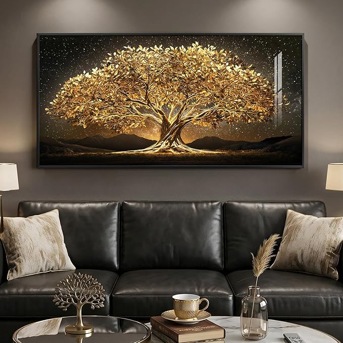Large Framed Black and Gold Tree of Life Wall Art, Modern Luxury Tree Painting