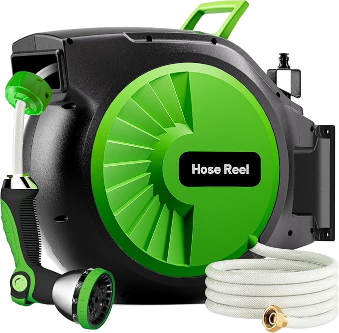 Retractable Garden Hose Reel 82FT x 1/2 in, Wall Mount Water Hose Reel for Outside with Auto Rewind, Tangle-Free Guide, 180Â° Swivel Bracket, Lock at Any Length, High-Pressure Flow, 10-Pattern Nozzle