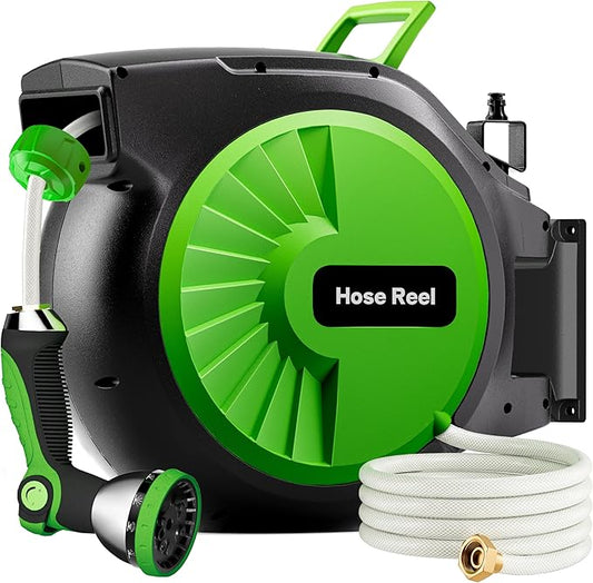 Retractable Garden Hose Reel 82FT x 1/2 in, Wall Mount Water Hose Reel for Outside with Auto Rewind, Tangle-Free Guide, 180Â° Swivel Bracket, Lock at Any Length, High-Pressure Flow, 10-Pattern Nozzle