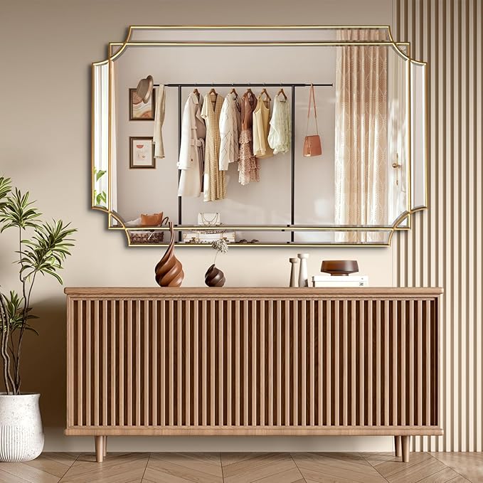 HQiJun Gold Mirror for Wall, Polished Bevelled Rectangle Mirror, Modern