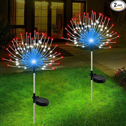 Slyuexu Solar Garden Lights Outdoor Waterproof, 2 Pack 120 LED Solar Firework Lights Decorative Garden DÃ©cor Outside for Flowerbed Pathway Party Christmas Decoration, 4th of July Decor, Multicolor