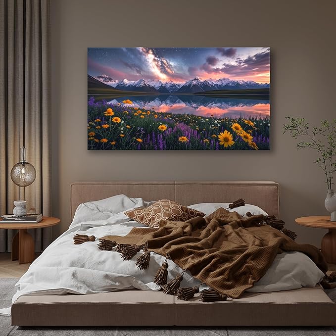 JLXART Wall Art Yellow Sunflower Field Canvas Mountain Artwork Landscape Print for Living Room Framed 20x40inch