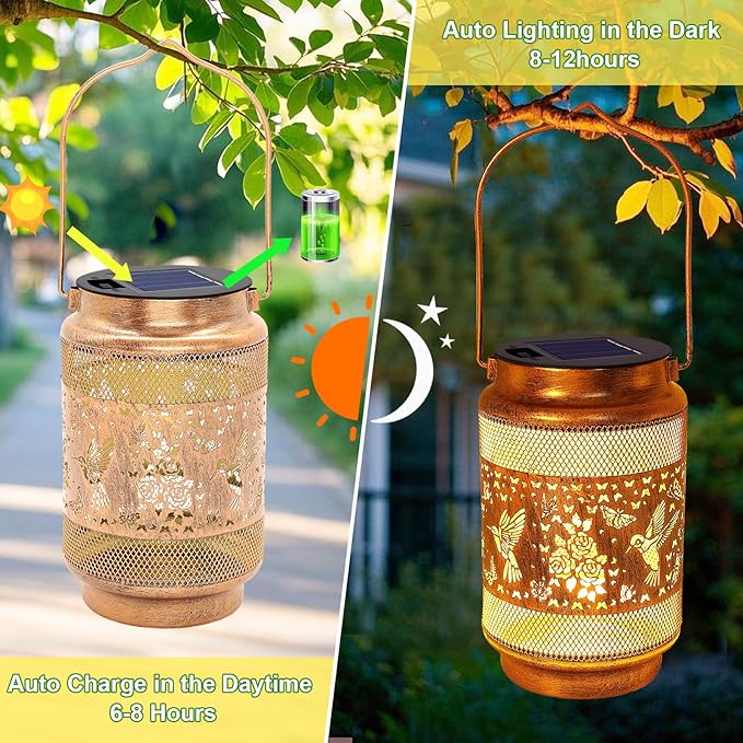 2 Pack Hummingbird Solar Lanterns Outdoor Waterproof Solar Garden Decor, Birthday Gifts for Mothers Day Women Mom Grandma, Metal Hanging Lights with Shepherd Hook for Yard Patio Pathway Backyard Porch