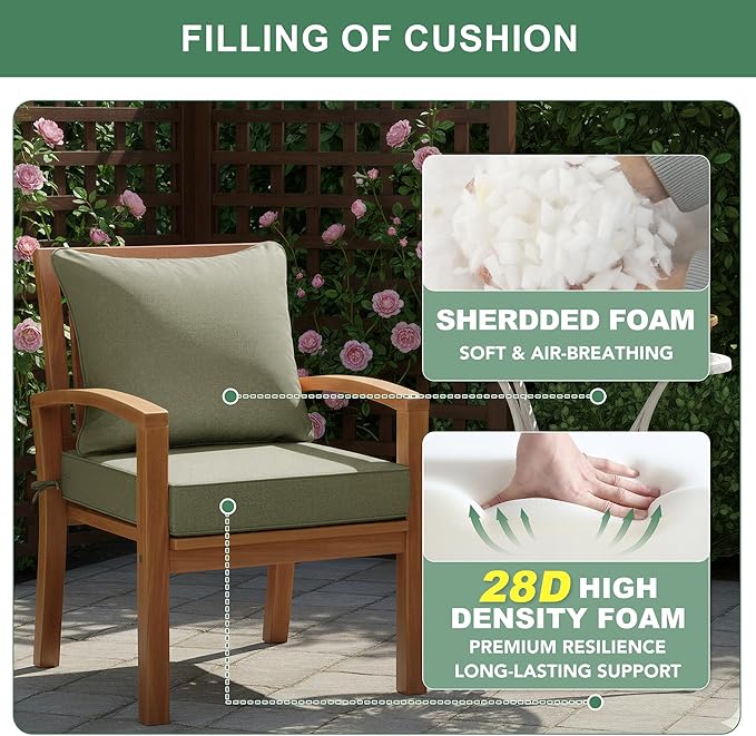 Summsun Water Resistant Outdoor Chair Cushions, Faux Linen Backrest and Seat Cushion Set with Ties, Removable Cover, Non-Slip Bottom for Patio Furniture, 19 x 19 Inch, Mocca Green, Set of 4