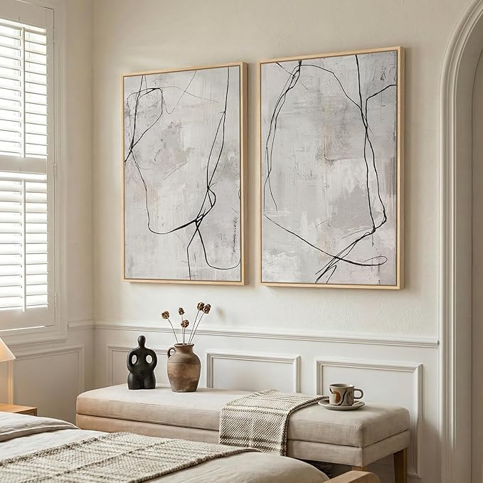 Large Framed Neutral Line Abstract Wall Art Set of 2