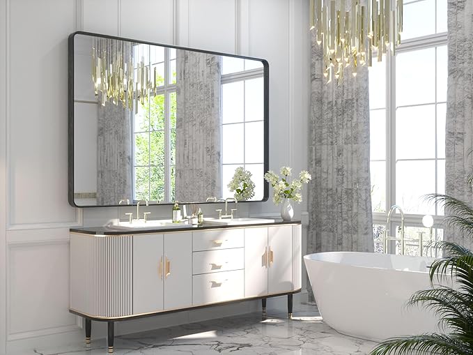 TETOTE 60 x 40 Inch Black Frame Mirror, Bathroom Vanity Mirror