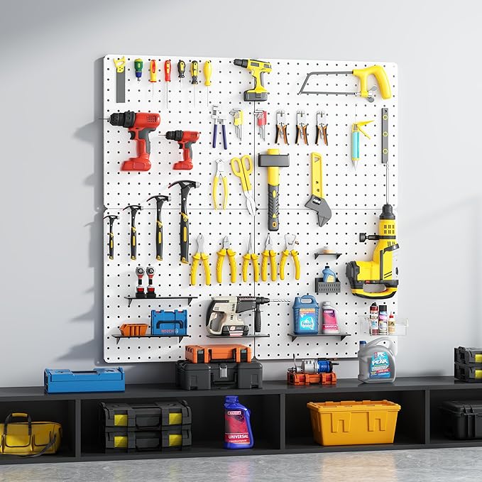 Peg Board, Total 32” x 32”, 4 Pack White Peg Board Panels, 50lbs Load Capacity