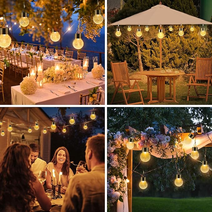 Solar Lights Outdoor Decorative 32 Pack, Hanging Solar Garden Lights Waterproof, Solar Powered Globe Lantern Cracked Glass Ball Lights for Yard Patio Fence Tree Umbrella Holiday Decoration, Warm White