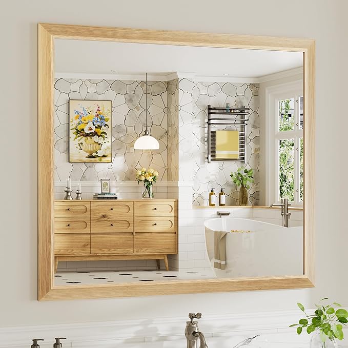 40x36 Inch Bathroom Mirror for Wall, Anti-Rust Oak Wood Grain Metal Framed