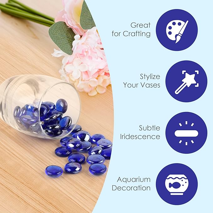 Houseables Glass Beads for Vases, Marbles for Vases, Glass Marbles, Filler, Blue Beads, Flat, Blue Gems, Crafts, Pebbles, Stones, Decorative Rocks, Plants, Florist, Floral, Fishbowl, 5 LBS, 400-500 PC
