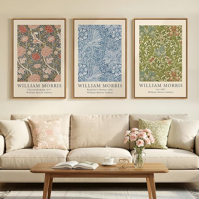 Large Framed William Morris Wall Art Set of 3, Vintage Green Botanical Floral