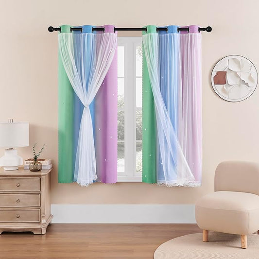 XiDi Curtains for Bedroom Decor, Rainbow Green PurpleBlue34/54/1