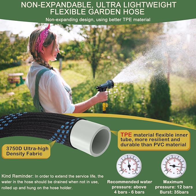 Garden Hose Non-Expandable 50 ft, Lightweight Flexible Water Hose with 10 Function Spray Nozzle, Outdoor Leak Proof, Kink-Free, Portable Hose for Yard, Lawn, Camper, High-Density Fabric, Black Blue