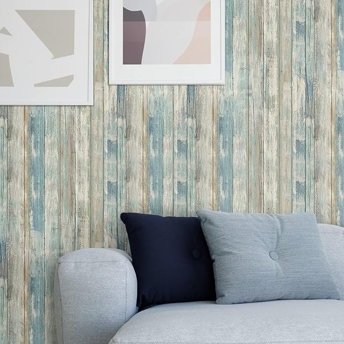 practicalWs 17.71''x 393.7''Blue Distressed Wood Wallpaper Self-Adhesive Peel
