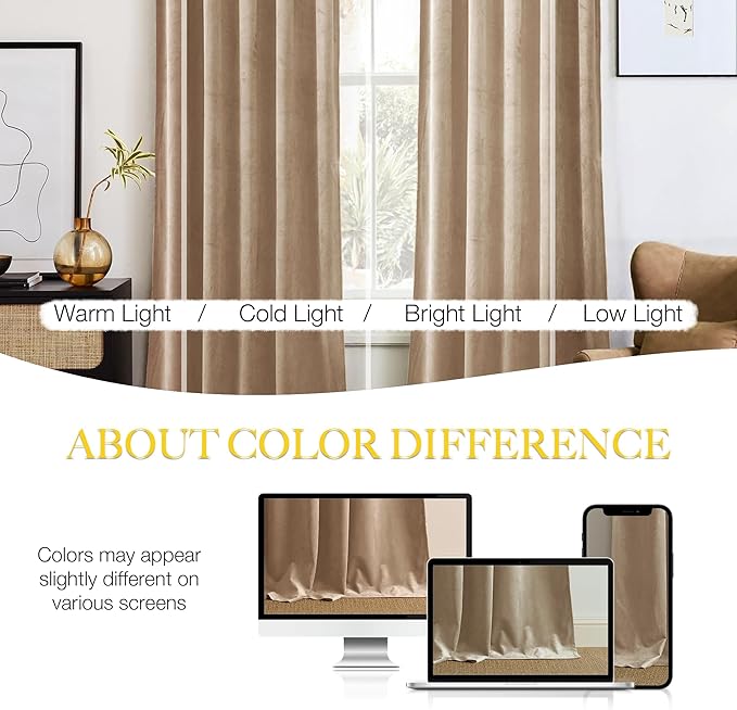 NICETOWN Beige Velvet Curtains 84 inches 2 Panels Set, Thermal Insulated Heavy
