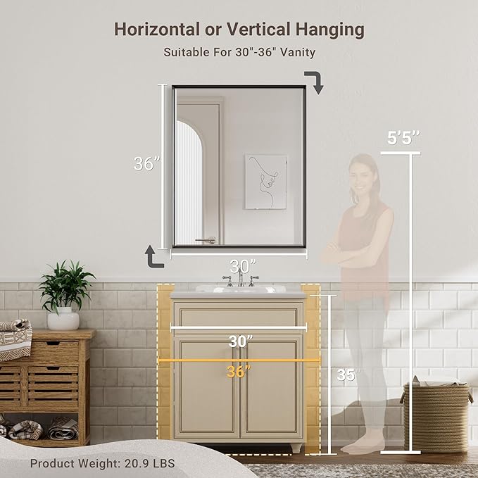 Black Framed Mirror for Bathroom, 30x36 Inch Black Rectangle Beveled Bathroom