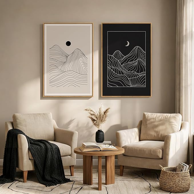 Large Framed Black and Beige Neutral Abstract Wall Art