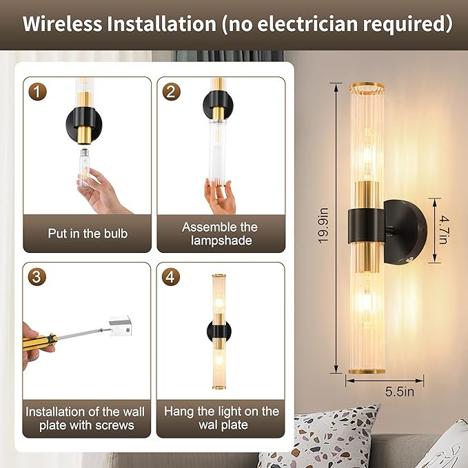 Black Gold Battery Operated Wall Sconces Set of 2, Rechargeable Wall Lights