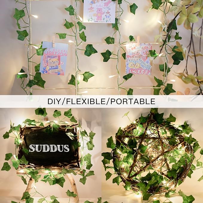 suddus Vine with Fairy Lights Plug in, 33ft 100 LED Ivy String Lights