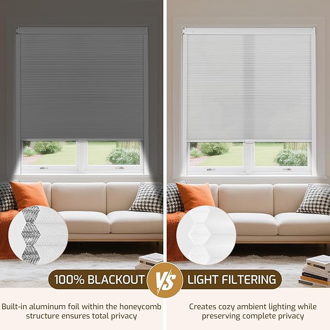 Grandekor No Drill No Tools Cordless Cellular Shades, UV Protection Privacy No