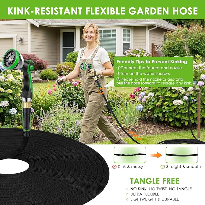 Garden Hose 100 ft, Non-Expandable Ultra-Lightweight Flexible Hose with 360° Dual-End Anti-Kink Design, 10-Pattern Spray Nozzle, 500 PSI Leak-Proof, 96-Strand Braided Fabric, Storage Strap