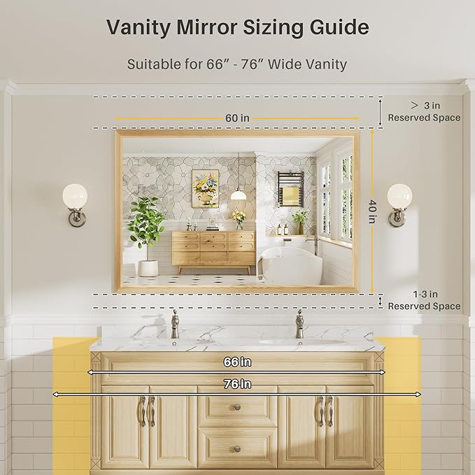 60x40 Inch Bathroom Mirror for Wall, Anti-Rust Oak Wood Grain Metal Framed
