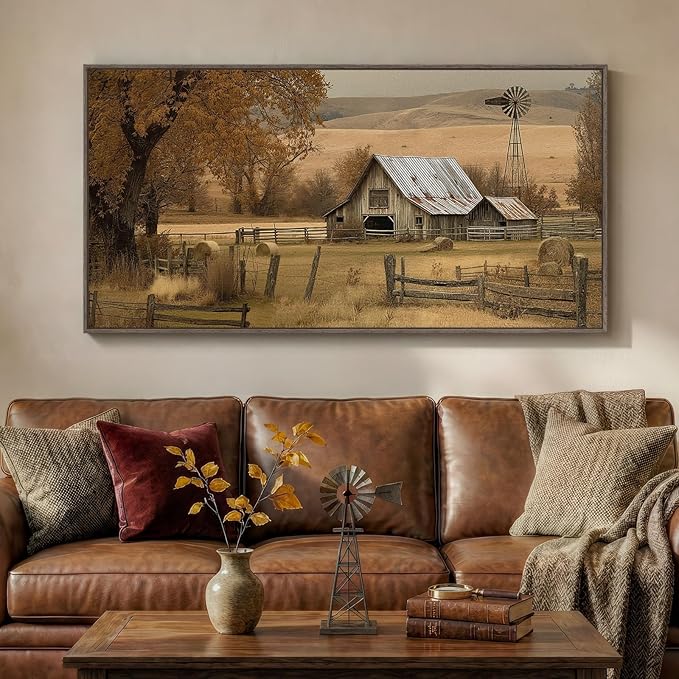 Large Framed Vintage Landscape Canvas Wall Art for Living Room, Retro Rustic Horizontal Paintings Prints, Neutral Country Barn Pictures for Bedroom Dining Room Hallway Entryway Wall Decor 60x30 Inch