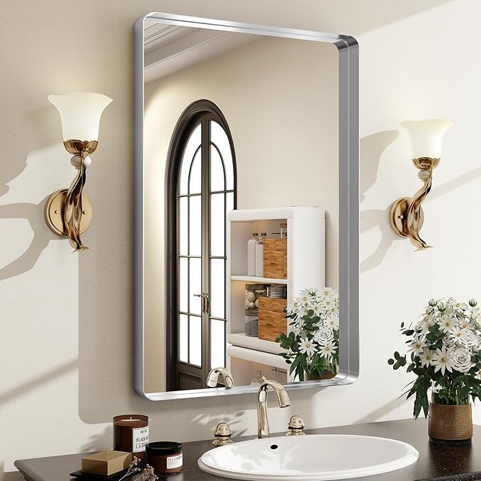 Easly Silver Bathroom Mirror for Wall, 36x24 Inch Rectangular Aluminum Alloy