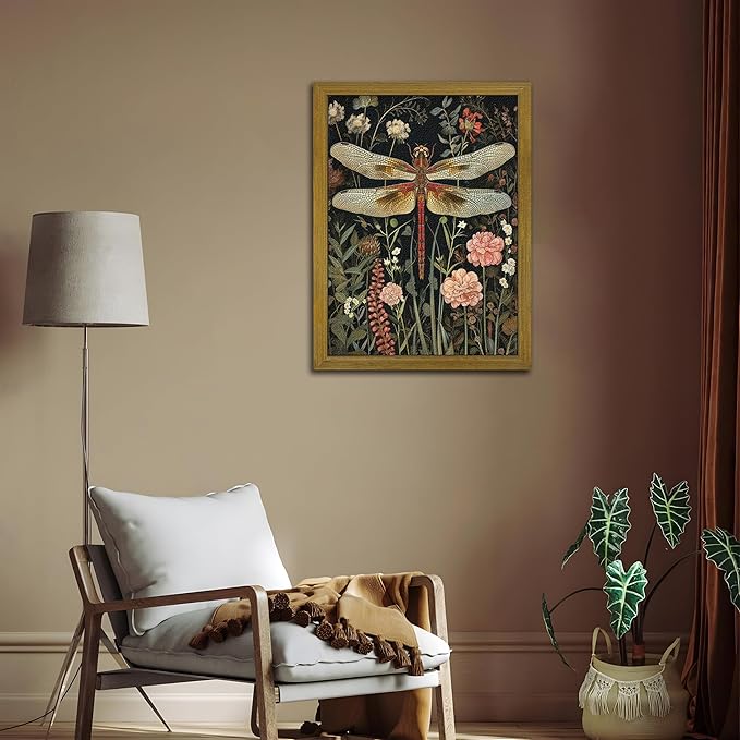 Framed Hand Drawn Sandstone Dragonfly Wall Art, Vintage 3D Textured Nature
