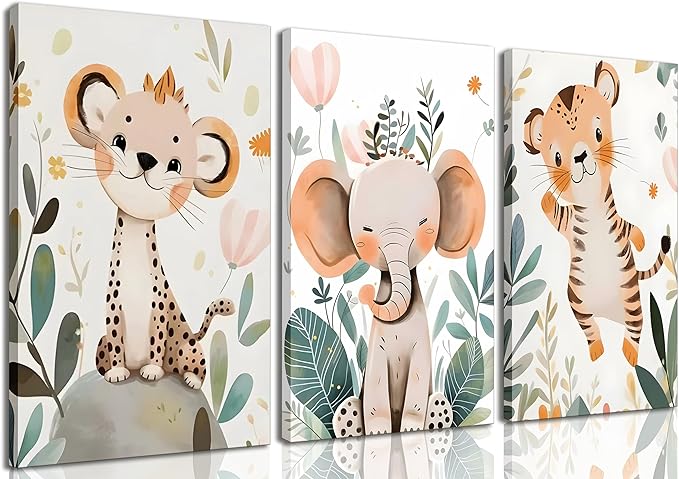 3 Pcs Safari Animals Nursery Canvas Wall Art Jungle Animals Cheetah Elephant