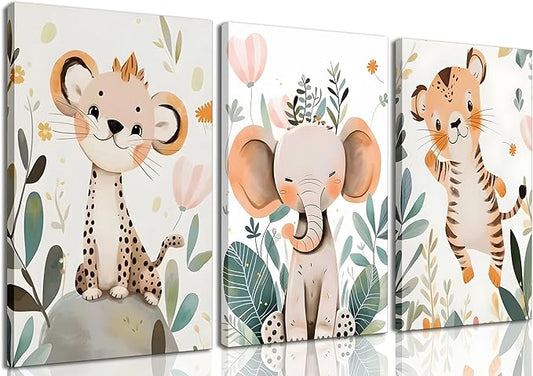 3 Pcs Safari Animals Nursery Canvas Wall Art Jungle Animals Cheetah Elephant