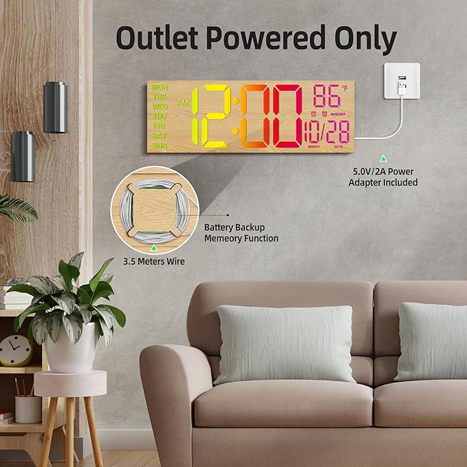 HAITANG 16.2" Large Digital Clock， 8 Colors Decorative Wood Wall Clock