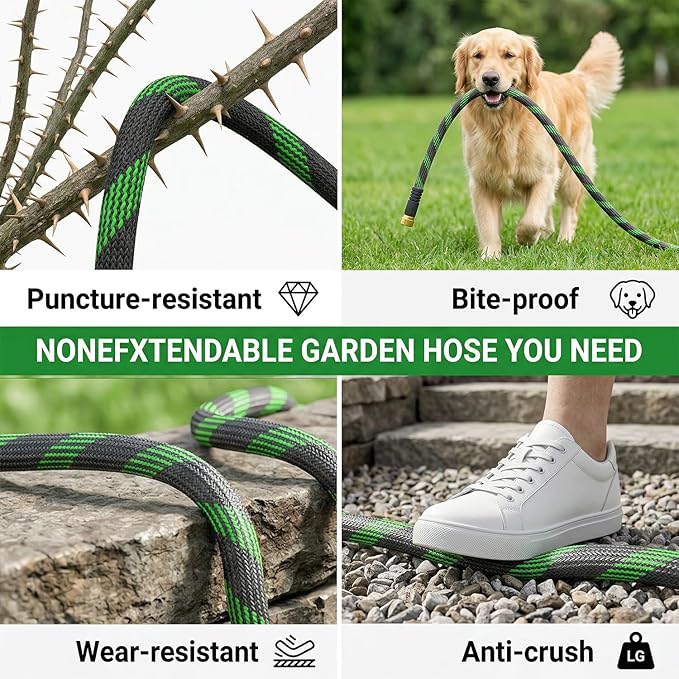 Non-Expandable Garden Hose 125 FT, Heavy-Duty & Flexible Water Hose with 10-Function Nozzle, Kink-Free & Leak-Proof Design, Ultra Lightweight Portable Yard Hose for Lawn, Car, Outdoor Use