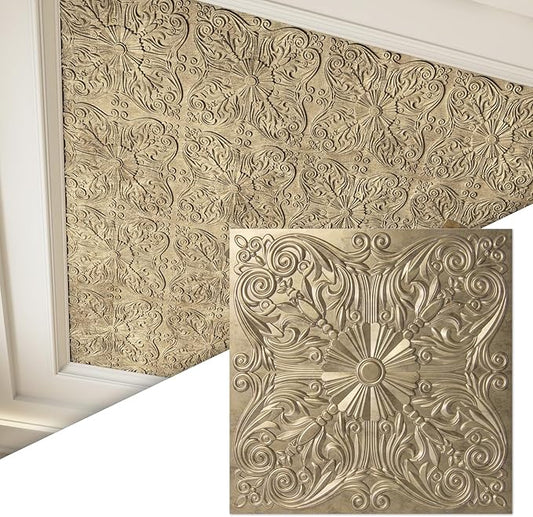 Art3d 12-Pack PVC Drop Ceiling Tiles, 2ft x 2ft, Floral Gold