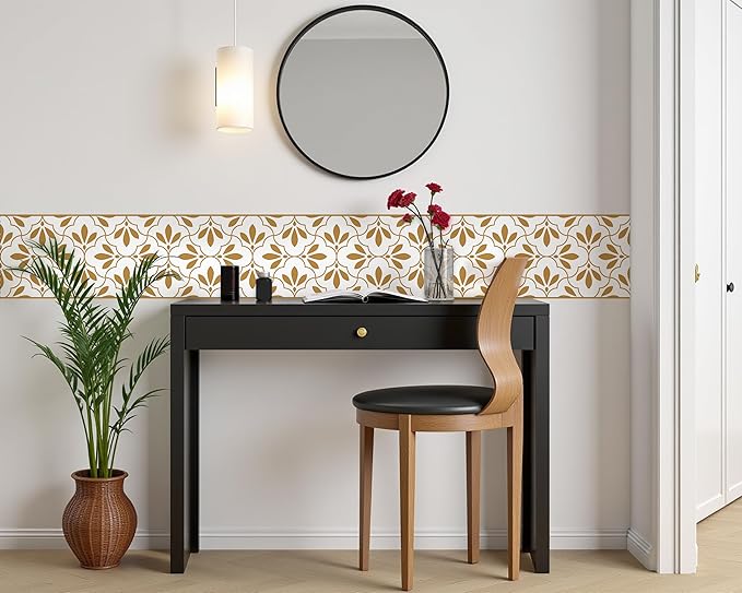 FLFK Wallpaper Border Gold and White Patterns Peel and Stick Wall Border Self