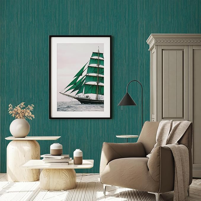 Teal Grasscloth Peel and Stick Wallpaper A Set of 23.6" X 480" Self-Adhesive