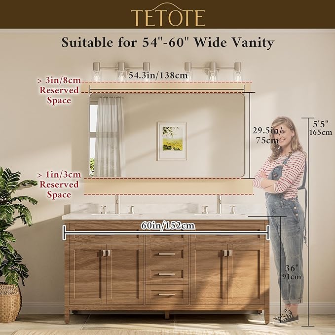 TETOTE 55 x 30 Inch Bathroom Mirror, Brushed Gold Metal Framed Wall Mounted
