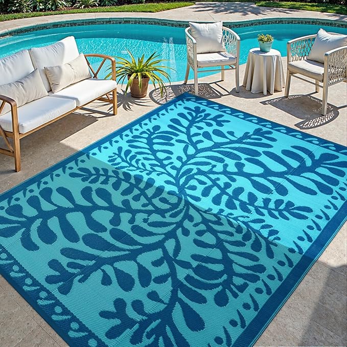 Anidaroel 8x10 Outdoor Rug for Patios Clearance, Waterproof Camping Rug for Outside RV, Reversible Plastic Straw Outside Rugs, Large Outdoor Area Rug for Garden, Camper(Blue,8âx10â)
