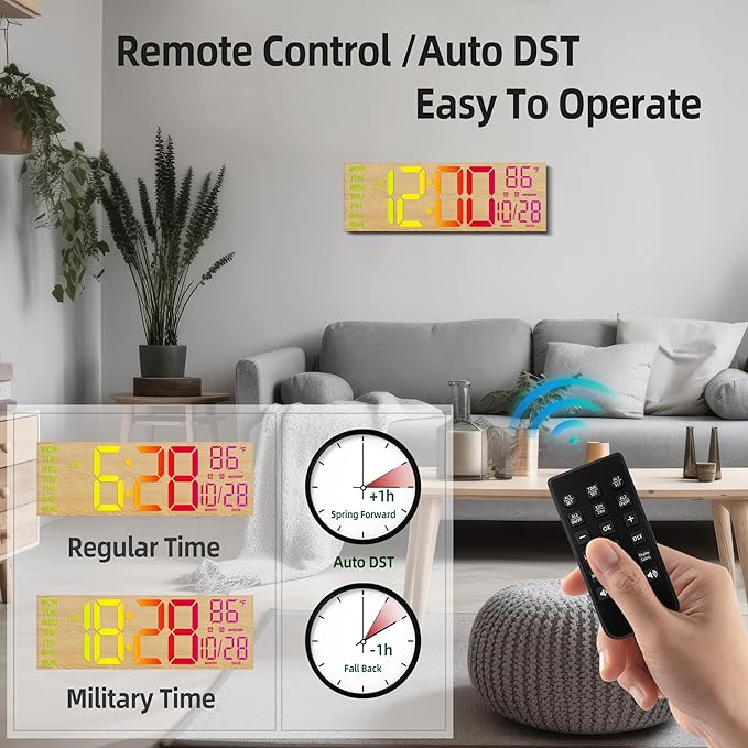 HAITANG 16.2" Large Digital Clock， 8 Colors Decorative Wood Wall Clock