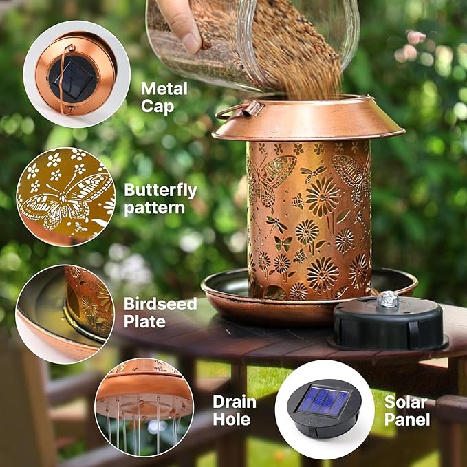 Solar Bird Feeders for Outdoors Metal Butterfly Lantern Hanging on a Tree Metal Wild Bird Feeder Decoration for Patio,Yard,Lawn,Pathway,Summer Garden Decor Gifts for Bird Lovers Mom Friends