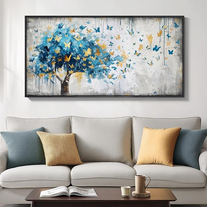 Framed Large Tree Wall Art, Modern Golden Butterfly Picture