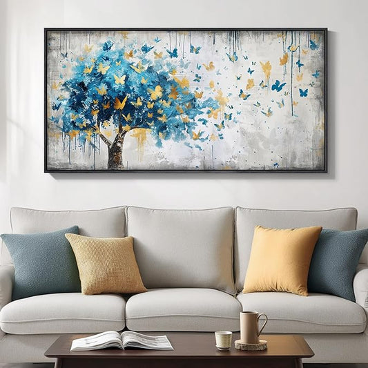 Framed Large Tree Wall Art, Modern Golden Butterfly Picture