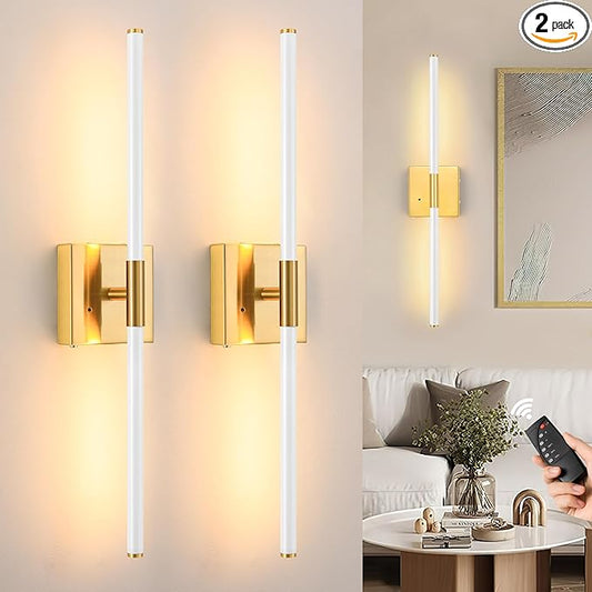 Morauroral 30 Inch White Gold Battery Operated Wall Sconces Set of 2, Dimmable