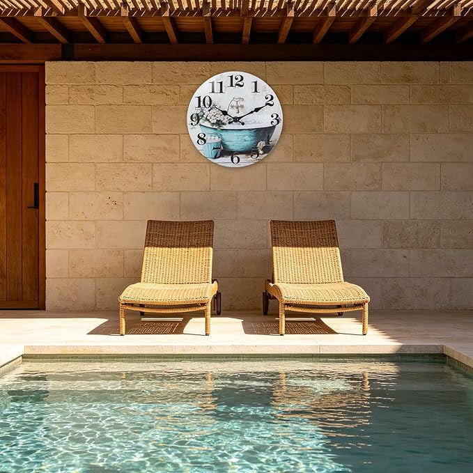 Bathroom Wall Clock, Rustic Style Waterproof Glass Shower Clock Wall Clock