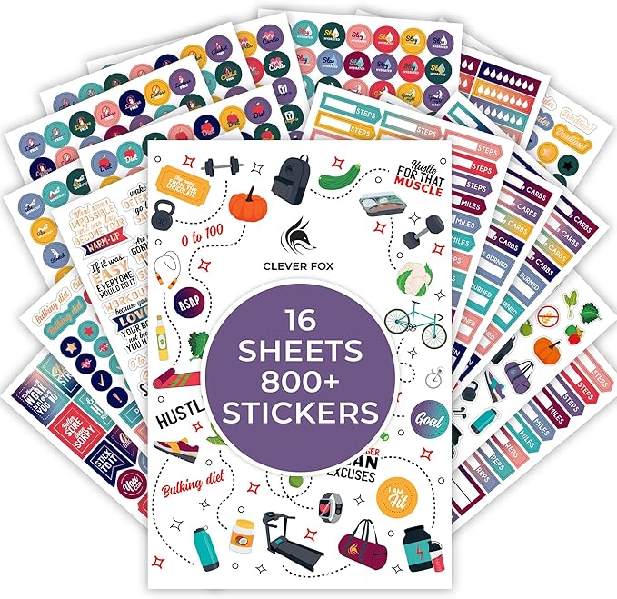 Clever Fox Planner Fitness Sticker Set - Monthly, Weekly & Daily Planner Stickers 16 Sheets Set of 840+ Unique Stickers (Fitness & Nutrition)
